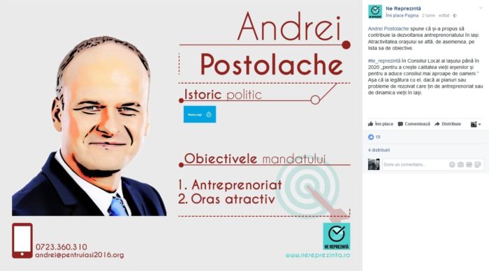 Platforma "Ne Reprezintă" este un proiect cetăţenesc de monitorizare, evaluare şi transparentizare a activităţii aleşilor din Consiliul Local Iaşi cu scopul de a-i responsabiliza pe aceştia să-şi asume mai ferm, rolul de reprezentanți ai societății ieşene. Platforma "Ne Reprezintă" este un proiect cetăţenesc de monitorizare, evaluare şi transparentizare a activităţii aleşilor din Consiliul Local Iaşi cu scopul de a-i responsabiliza pe aceştia să-şi asume mai ferm, rolul de reprezentanți ai societății ieşene.